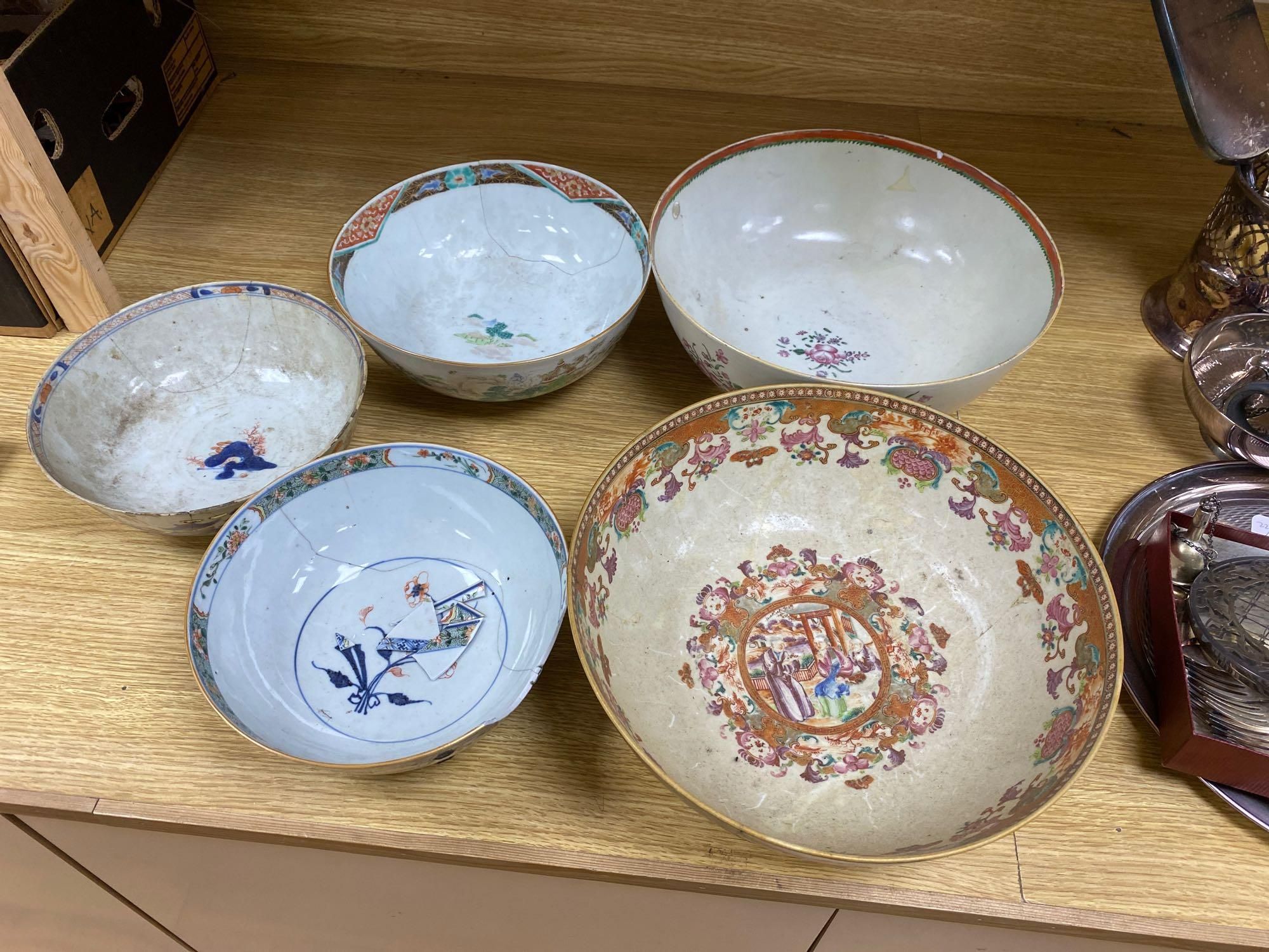 Five various 18th century Chinese export porcelain bowls, diameter of largest 29cm